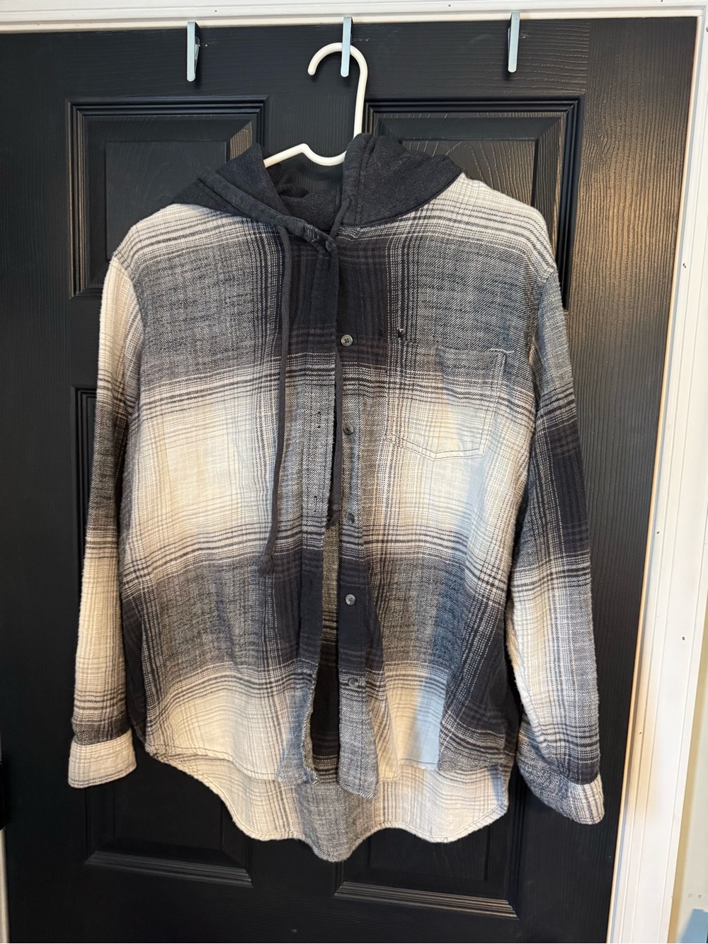 American Eagle Outfitters Gray and Cream Plaid Hooded Shacket